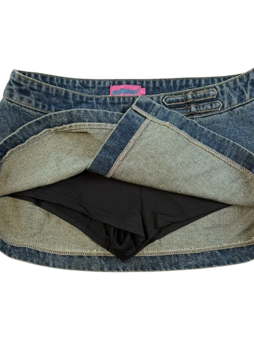 Edikted Denim Mini Skort Blue Wrap Skirt Shorts Y2K Low Rise - Picture 4 of 9
